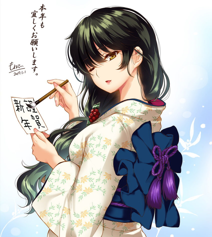 2017 ;) alternate_costume artist_name bangs black_hair calligraphy_brush dated floral_print flower_knight_girl from_side hair_over_shoulder highres japanese_clothes kimono long_hair long_sleeves looking_at_viewer looking_back looking_to_the_side moneti_(daifuku) nail_polish nanten_(flower_knight_girl) new_year obi one_eye_closed paintbrush parted_lips pink_nails sash smile solo translation_request upper_body white_background wide_sleeves yellow_eyes