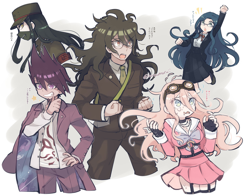 3boys arm_up armband beard black_hair blazer blonde_hair blue_eyes blue_hair brown_hair danganronpa eyebrows_visible_through_hair facial_hair gakuran glasses goggles goggles_on_head gokuhara_gonta green_neckwear grin hair_between_eyes hat highres honzumaru insect_cage iruma_miu jacket jacket_on_shoulders long_hair mask momota_kaito multiple_boys multiple_girls necktie new_danganronpa_v3 orange_eyes orange_ribbon peaked_cap pointing pointing_at_self purple_hair ribbon school_uniform serafuku shinguuji_korekiyo shirogane_tsumugi short_hair smile space_print spiked_hair starry_sky_print twitter_username