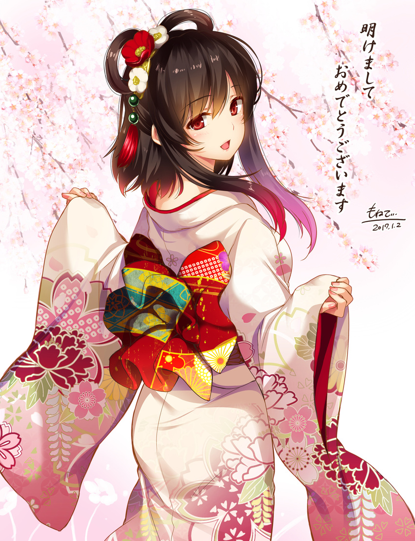 2017 :d akeome alternate_costume ass bangs black_hair cowboy_shot dated floral_print flower flower_knight_girl from_behind furisode hair_flower hair_ornament hair_rings happy_new_year highres japanese_clothes kimono long_sleeves looking_at_viewer looking_back moneti_(daifuku) nail_polish new_year obi open_mouth pink_nails poppy_(flower_knight_girl) red_eyes sash sidelocks smile solo standing wide_sleeves