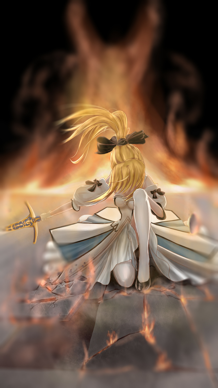 artoria_pendragon_(all) blonde_hair breasts caliburn cracked_floor detached_sleeves fate/unlimited_codes fate_(series) fire highres jianian_zhiqi long_hair one_knee ponytail saber saber_lily small_breasts solo sword thighhighs weapon