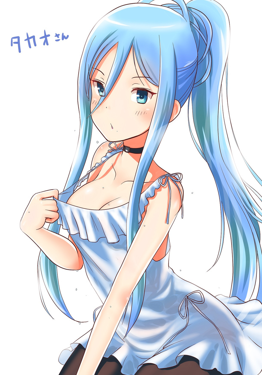 aoki_hagane_no_arpeggio black_legwear blue_eyes blue_hair breasts character_name cleavage dress hair_between_eyes highres ju_(old505) long_hair medium_breasts mole mole_under_mouth pantyhose ponytail short_dress solo takao_(aoki_hagane_no_arpeggio) white_dress