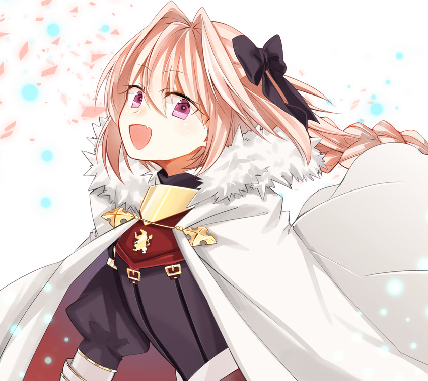 astolfo_(fate) braid cape fang fate/apocrypha fate_(series) hair_ribbon long_hair looking_at_viewer male_focus moe-e-ko open_mouth otoko_no_ko pink_hair purple_eyes ribbon single_braid smile solo white_cape