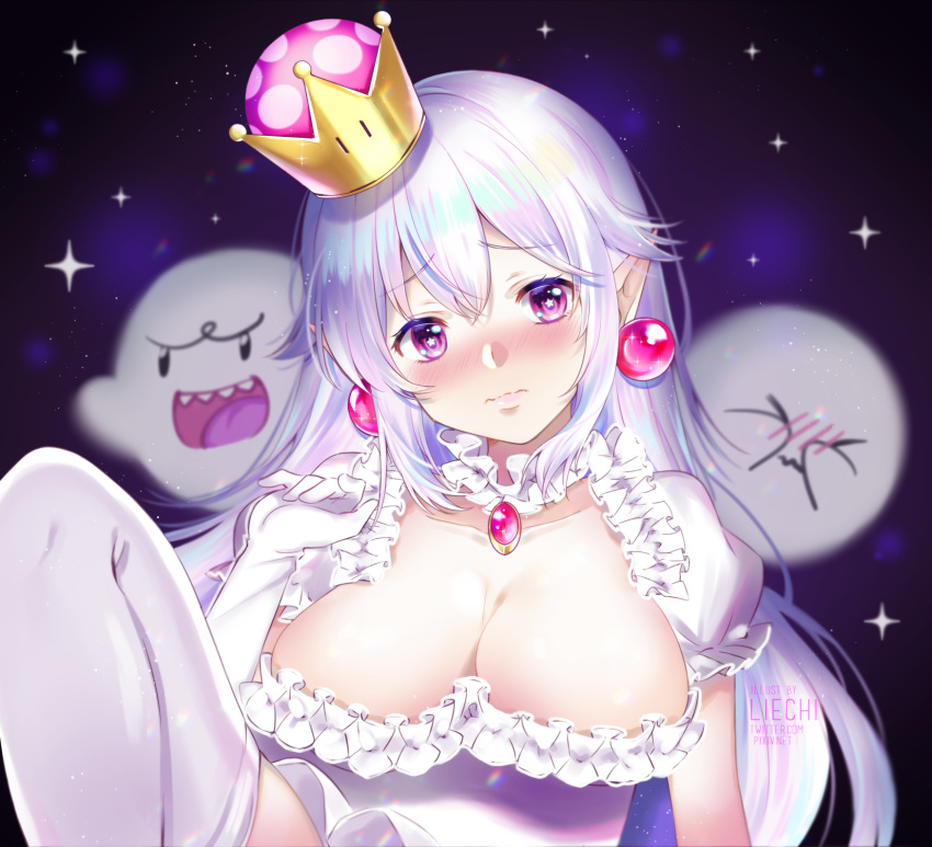 1girl bangs blush boo breasts cleavage closed_mouth collar crown dress eyebrows_visible_through_hair frilled_collar frilled_dress frilled_gloves frills gloves highres jewelry large_breasts liechi long_hair looking_at_viewer luigi's_mansion mario_(series) new_super_mario_bros._u_deluxe nintendo princess_king_boo short_sleeves super_crown tilted_headwear white_dress white_gloves white_hair