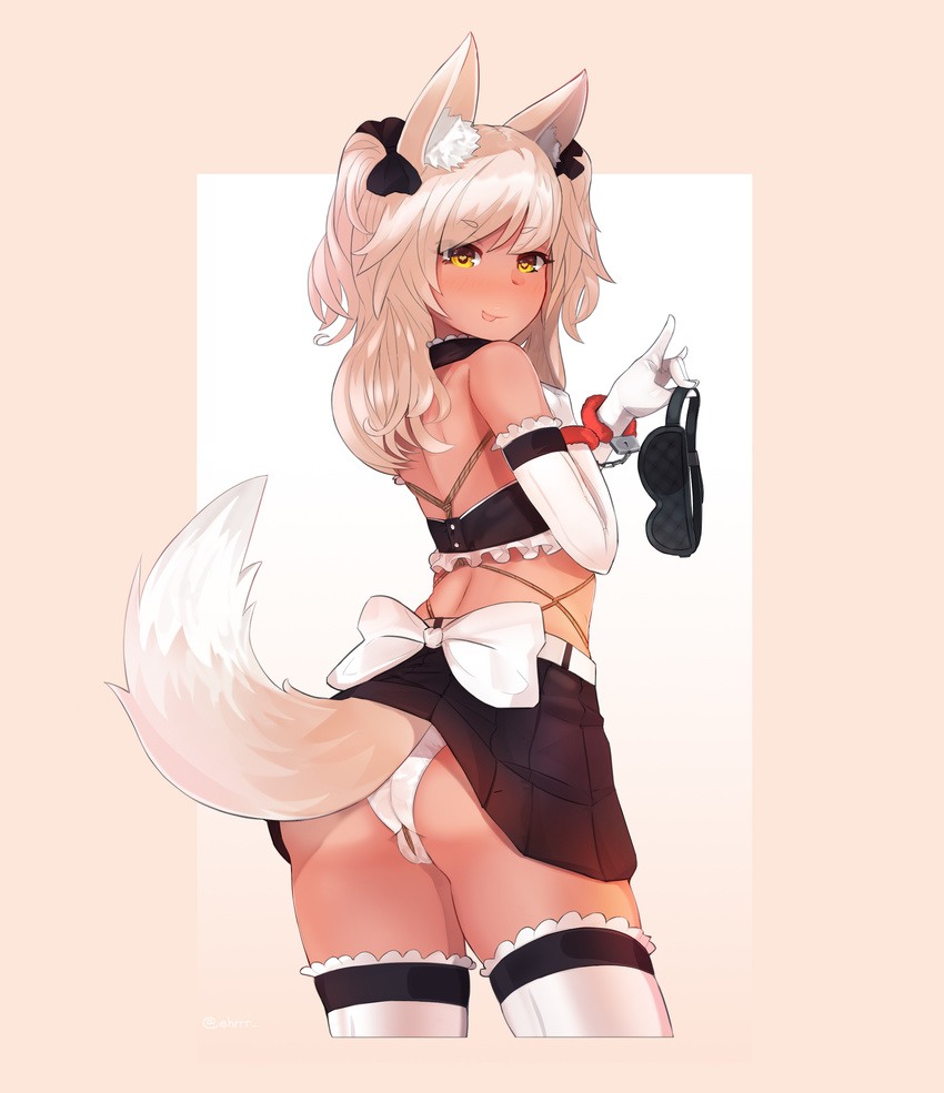 :p animal_ears ass bangs bare_shoulders black_ribbon black_skirt blindfold_removed blush commentary cowboy_shot crotch_cutout crotchless_panties ehrrr elbow_gloves eyebrows_visible_through_hair fox_ears fox_girl fox_shadow_puppet fox_tail from_behind gloves hair_ribbon highres long_hair looking_at_viewer looking_back maid naughty_face nose_blush original panties ribbon shibari shibari_under_clothes silver_hair skirt smile solo swept_bangs tail thighhighs tongue tongue_out two_side_up underwear v-shaped_eyebrows white_gloves white_legwear white_panties