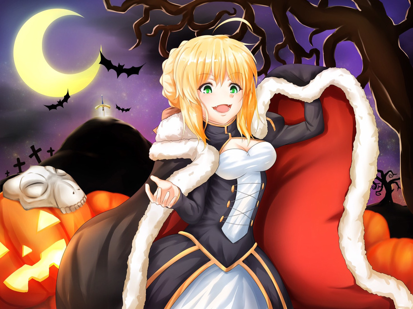 alternate_color artoria_pendragon_(all) bat breasts cape cleavage crescent_moon cross excalibur fang fate/stay_night fate_(series) fur-trimmed_cape fur_trim green_eyes halloween medium_breasts moon planted_weapon rs7 saber sword weapon