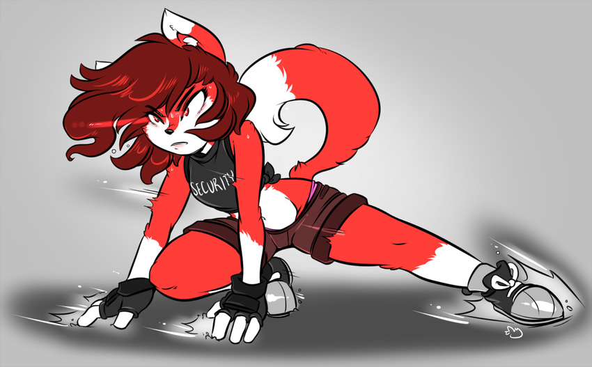 2017 action_pose alternate_species anthro black_nose canine cinnamon_swirl clothed clothing denim_shorts duckdraw female fingerless_gloves fox frown fur gloves glowing glowing_eyes grey_background hair hands_on_hips inner_ear_fluff looking_at_viewer mammal midriff navel red_eyes red_fur red_hair shadow shorts simple_background solo thong tied_shirt white_fur