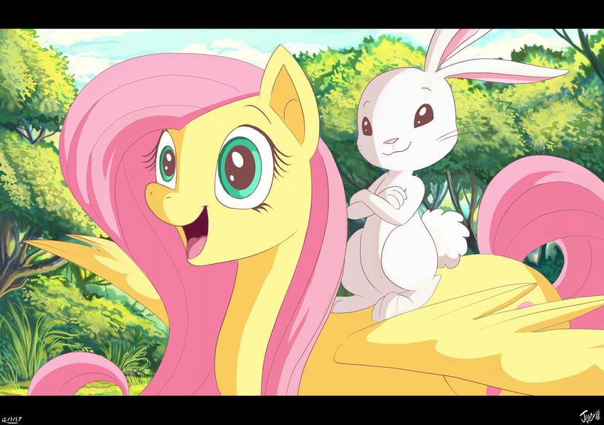 2017 angel_(mlp) cloud detailed_background duo equine female feral fluttershy_(mlp) forest friendship_is_magic fur grass green_eyes hair horse jowybean lagomorph mammal my_little_pony nature outside pegasus pink_hair pony rabbit riding sky smile spread_wings tree white_fur wings yellow_fur