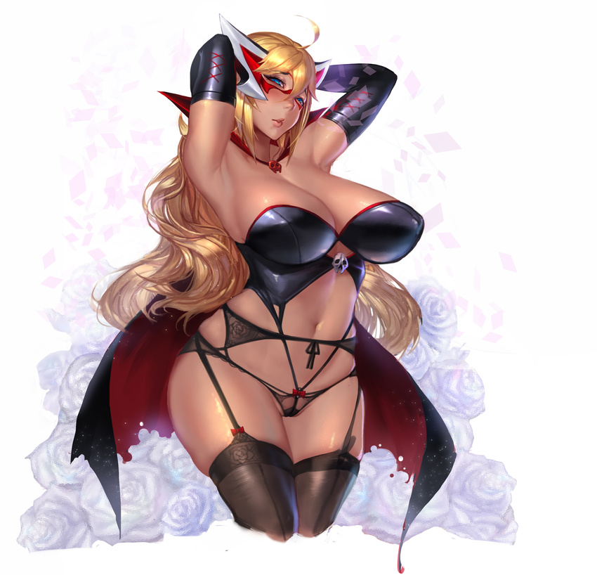 absurdres ahoge armpits arms_behind_head arms_up bare_shoulders black_gloves black_legwear black_panties blonde_hair blue_eyes blush breasts cape cowboy_shot curvy doronjo elbow_gloves garter_belt gloves gtunver highres large_breasts long_hair looking_at_viewer mask navel panties parted_lips partially_visible_vulva skull solo thick_thighs thighhighs thighs time_bokan_(series) underwear wavy_hair wide_hips yatterman yoru_no_yatterman