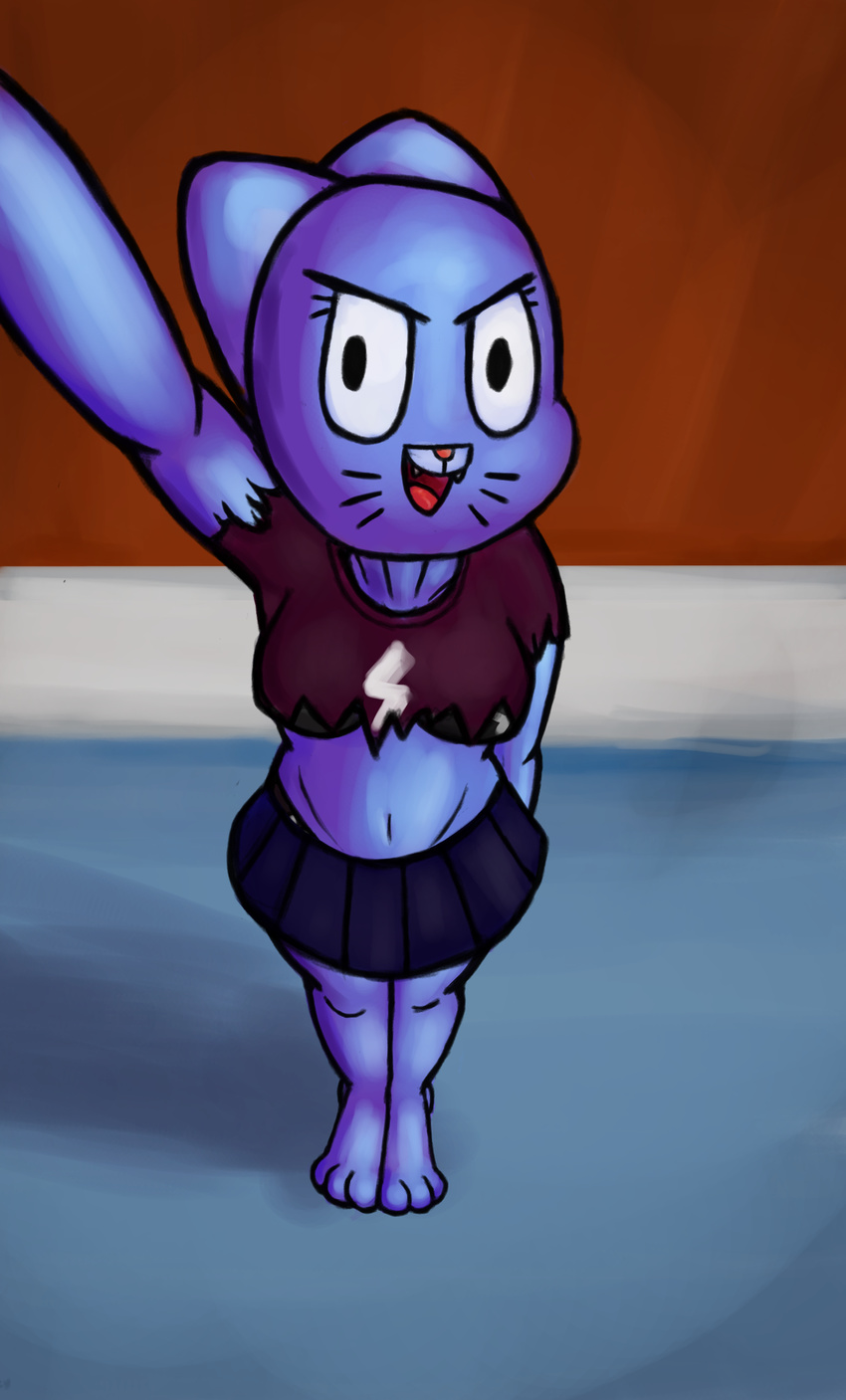 2017 anthro barefoot blue_fur bra breasts cartoon_network cat clothed clothing digital_media_(artwork) feline female fur looking_at_viewer mammal navel nicole_watterson open_mouth panties raised_arm selfie shirt simple_background skirt solo standing t-shirt the_amazing_world_of_gumball torn_clothing underwear unknown_artist whiskers