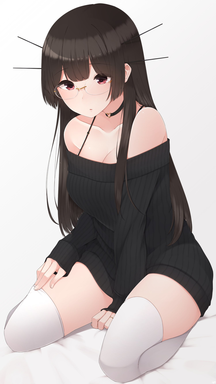 absurdres breasts brown_hair choker choukai_(kantai_collection) cleavage commentary_request glasses grey_background highres jewelry kantai_collection long_hair medium_breasts off_shoulder parted_lips red_eyes ribbed_sweater ring sitting solo sweater thighhighs white_legwear yukichi_(sukiyaki39)