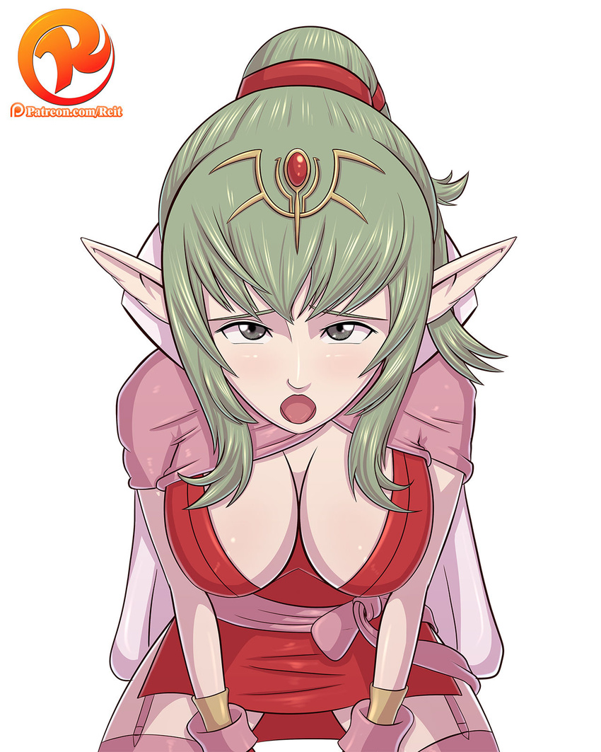 1girl artist_name breasts cape chiki chiki_(fire_emblem) cleavage dress female fire_emblem fire_emblem:_kakusei green_hair grey_eyes hair_ornament large_breasts long_hair looking_at_viewer open_mouth patreon pointy_ears ponytail red_dress reit shiny shiny_hair shiny_skin sitting solo spread_legs web_address white_background