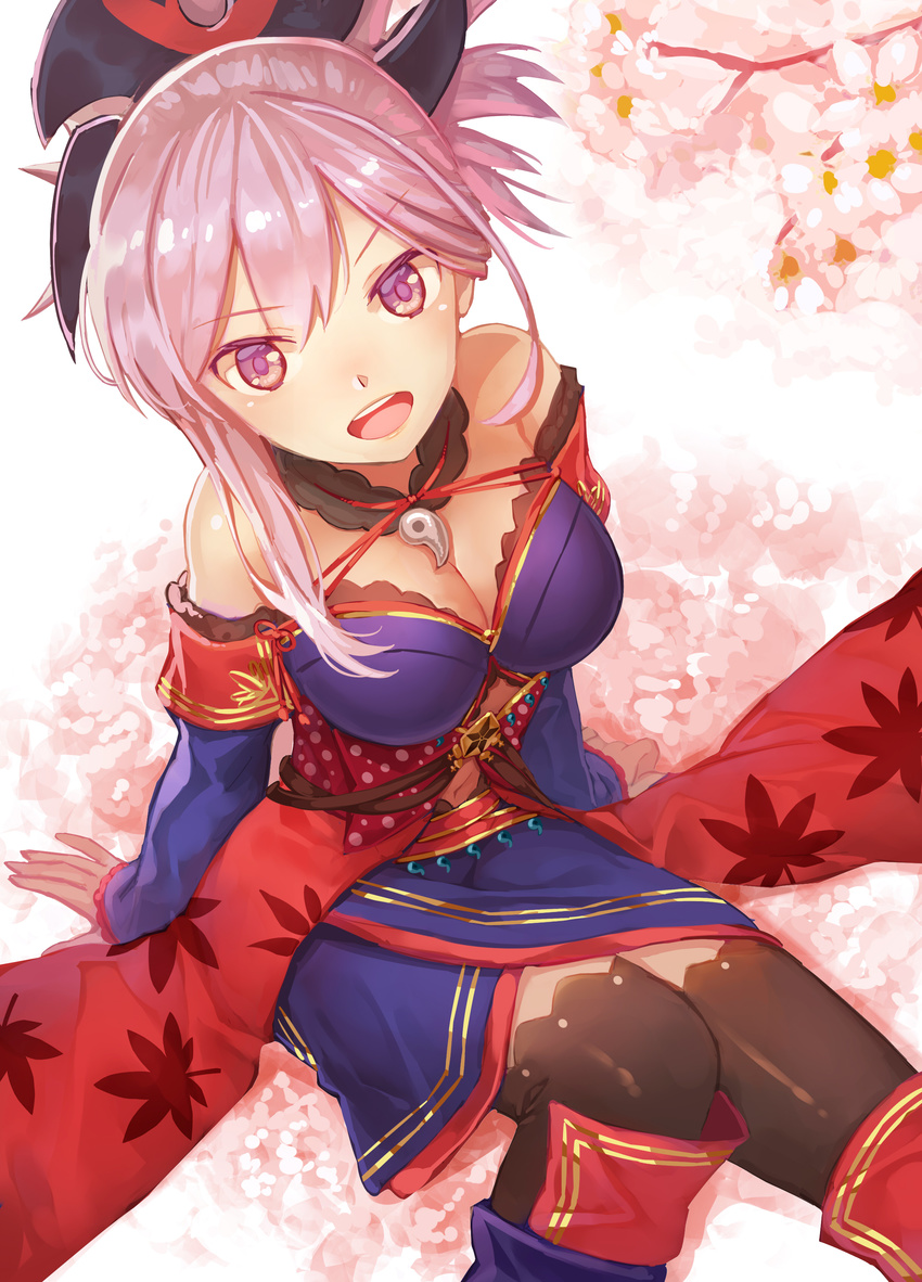 :d absurdres blue_eyes detached_sleeves fate/grand_order fate_(series) folded_ponytail highres japanese_clothes kibanda_gohan miyamoto_musashi_(fate/grand_order) navel navel_cutout open_mouth sitting smile solo thighhighs zettai_ryouiki