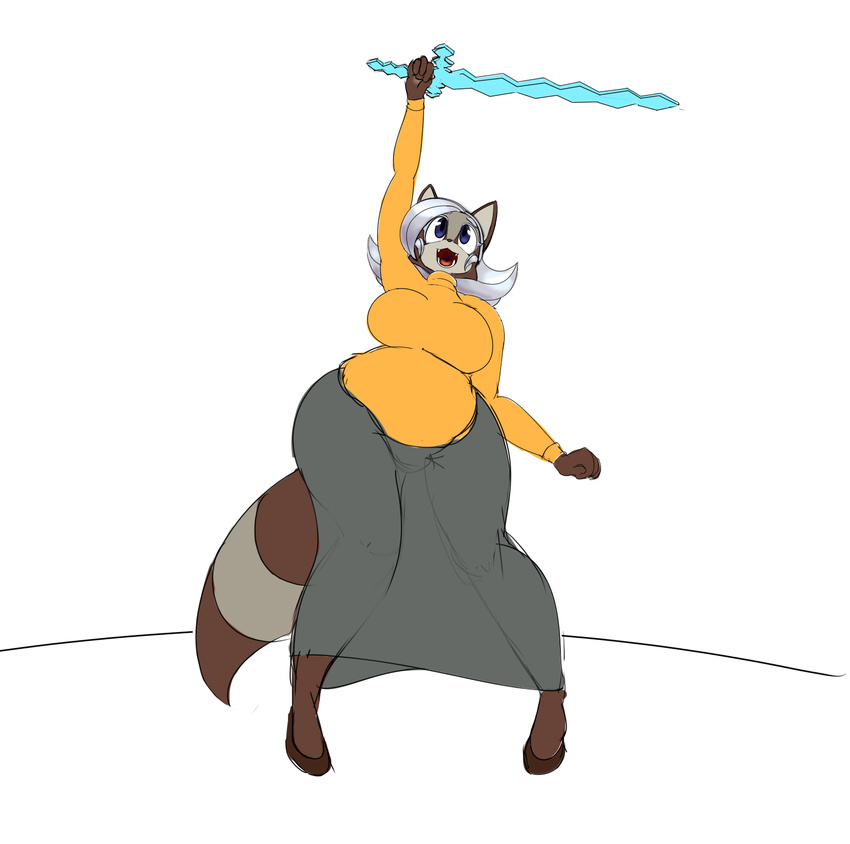 anthro big_breasts blue_eyes breasts female grey_hair hair keijimatsu lindsey_ranger_(teckworks) mammal melee_weapon minecraft open_mouth raccoon slightly_chubby solo sword video_games weapon wide_hips