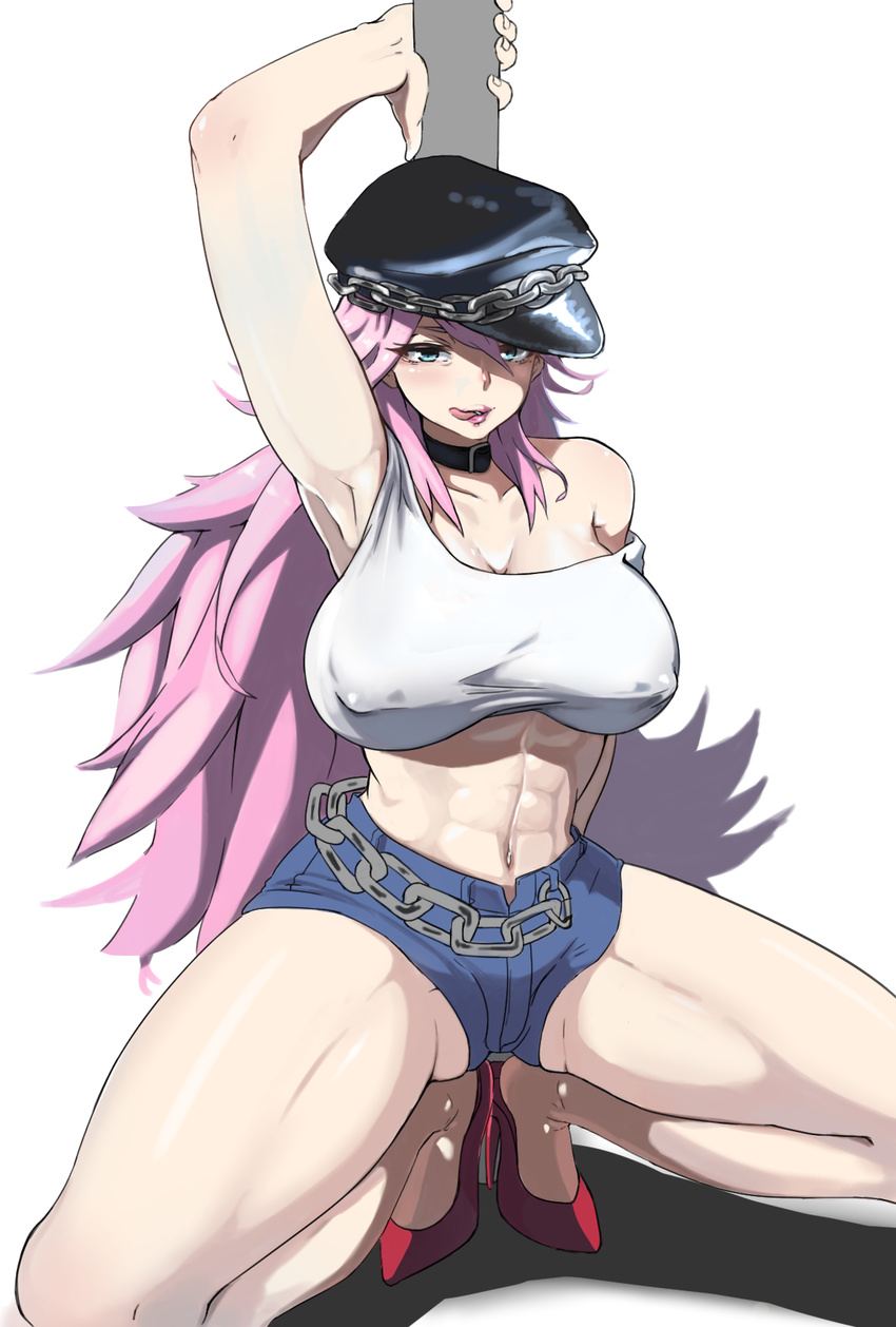 abs arm_behind_back arm_up armpits blue_eyes blue_shorts breasts collar covered_nipples denim denim_shorts final_fight full_body hat high_heels highres large_breasts licking_lips lipstick long_hair makeup messy_hair midriff navel okamen peaked_cap pink_hair poison_(final_fight) pole_dancing red_footwear shoes short_shorts shorts solo spread_legs squatting stiletto_heels strap_slip stripper_pole thick_thighs thighs tongue tongue_out white_background