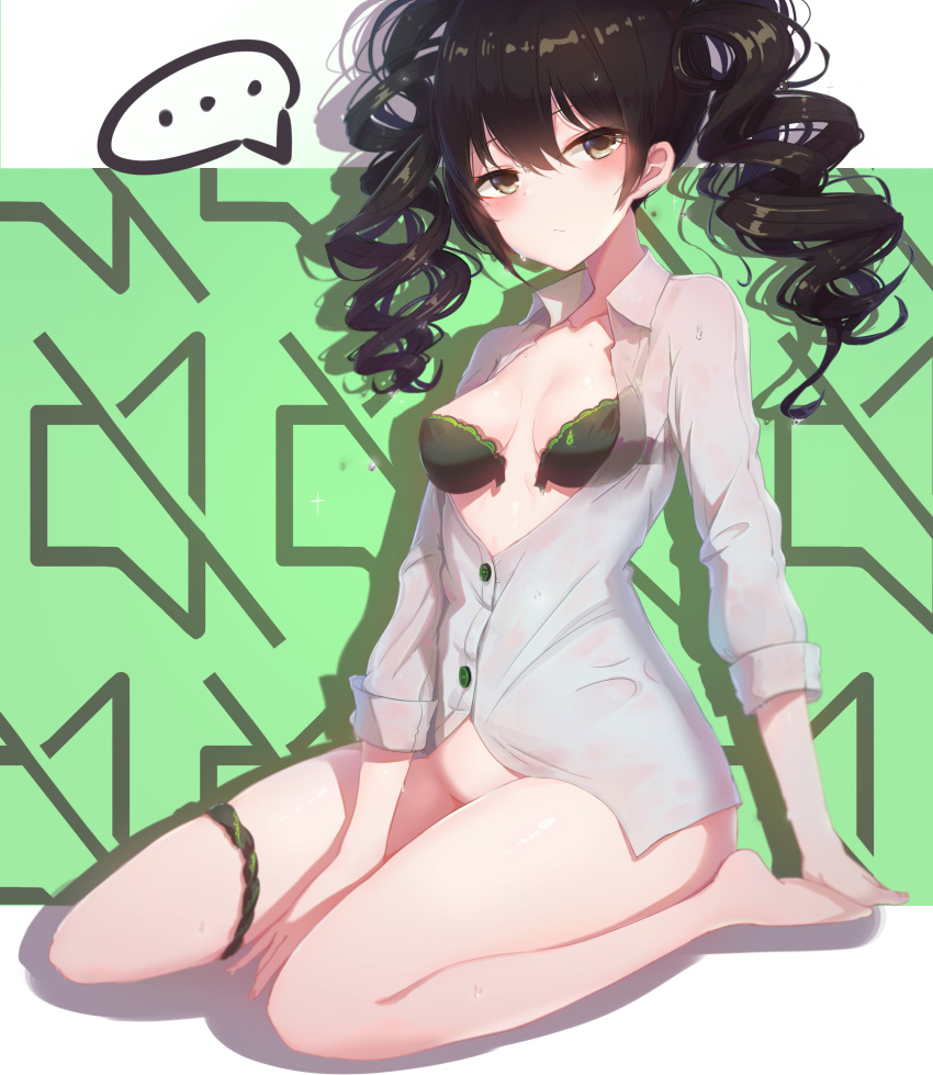 ... 1girl 735308747 absurdres bangs between_legs black_bra black_hair black_panties bottomless bra breasts brown_eyes cleavage collar collarbone dress_shirt drill_hair front-hook_bra frown girls_frontline green_background hair_between_eyes hand_between_legs highres medium_breasts no_panties open_clothes open_shirt panties panties_around_leg scarecrow_(girls_frontline) shirt sitting sleeves_rolled_up solo spoken_ellipsis twin_drills twintails underwear unfastened wariza wet wet_clothes