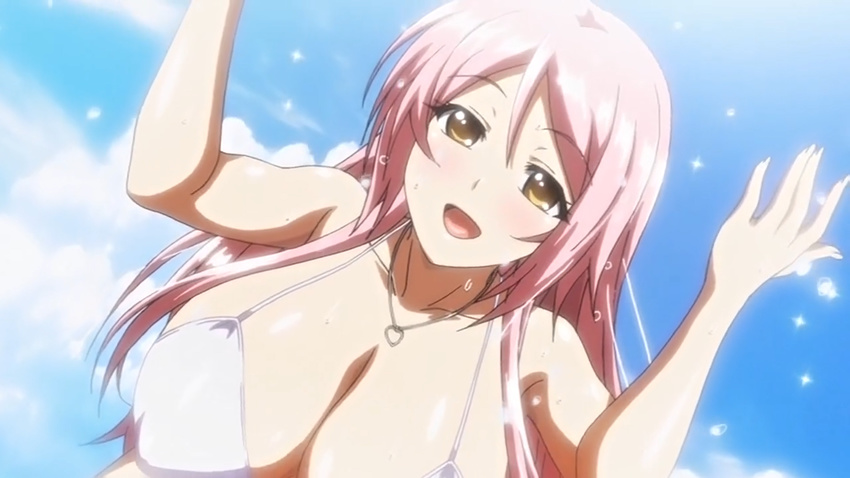 1girl aizawa_momoka bikini blush breasts brown_eyes censored cleavage erect_nipples female honoo_no_haramase_paidol_my_star_gakuen_z huge_breasts long_hair looking_at_viewer open_mouth outdoors pink_hair smile solo squeez swimsuit t-rex_(animation_studio) upper_body white_bikini