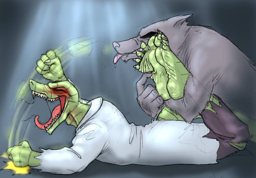 2014 anthro barefoot blush canine claws clothed clothing eyes_closed feet female fist foot_fetish foot_focus laugh lizard long_tongue male mammal plantigrade quintonquill reptile saliva scales scalie simple_background soles teeth tickling tickling_feet toes tongue tongue_out wolf wrinkle