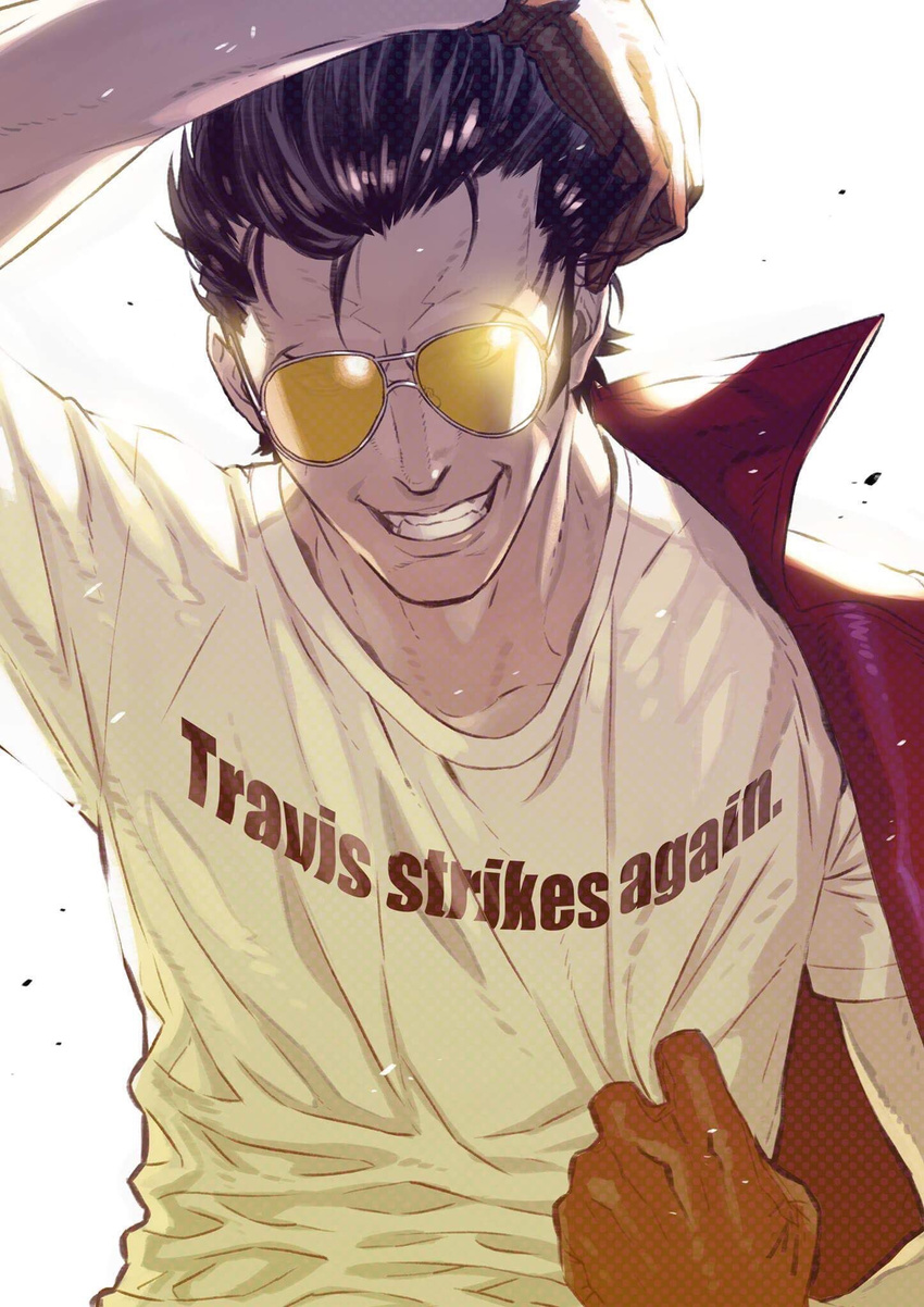 aviator_sunglasses black_hair clothes_writing commentary_request glasses gloves hand_on_head highres jacket_on_shoulders kozaki_yuusuke looking_at_viewer male_focus md5_mismatch no_more_heroes official_art shirt_pull smile solo sunglasses sunlight travis_strikes_back:_no_more_heroes travis_touchdown upper_body