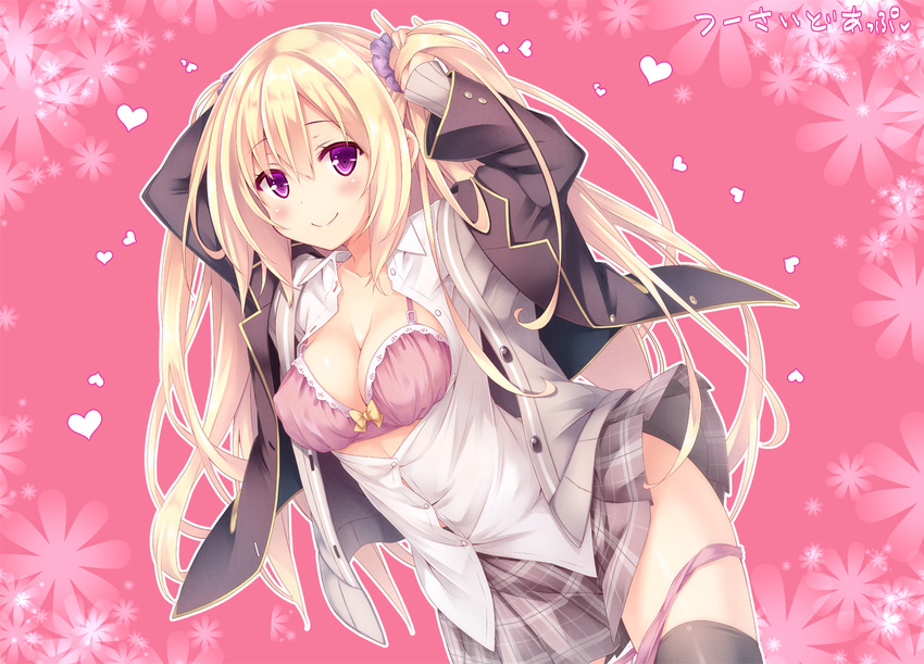 black_legwear blazer blonde_hair blush bow bow_bra bra breasts cardigan cleavage covered_nipples dress_shirt hair_ornament hair_scrunchie heart jacket large_breasts long_hair long_sleeves looking_at_viewer open_clothes open_shirt original panties panty_pull partially_unbuttoned pink_bra pink_panties plaid plaid_skirt purple_eyes ryo school_uniform scrunchie shirt skirt smile solo thighhighs twintails underwear