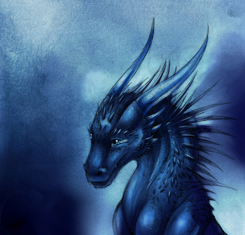 blue_background blue_eyes blue_skin digital_media_(artwork) dragon feral horn natoli nude simple_background smile solo spines