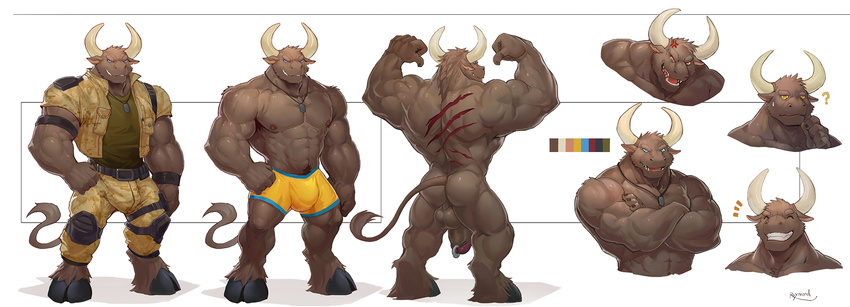 5_fingers ? abs amber_eyes anthro armpit_hair back_muscles backsack balls belt biceps big_muscles blue_eyes bovine boxers_(clothing) brown_balls brown_fur brown_penis bulge butt cattle clothed clothing cloven_hooves crossed_arms eyes_closed flaccid fully_clothed fur genital_piercing glans grin hooves horn humanoid_hands humanoid_penis jewelry male mammal model_sheet muscular muscular_male necklace nipples nude pants pecs penis penis_piercing piercing pink_nipples pubes raymond158 scar shirt simple_background smile smirk solo standing topless underwear white_background