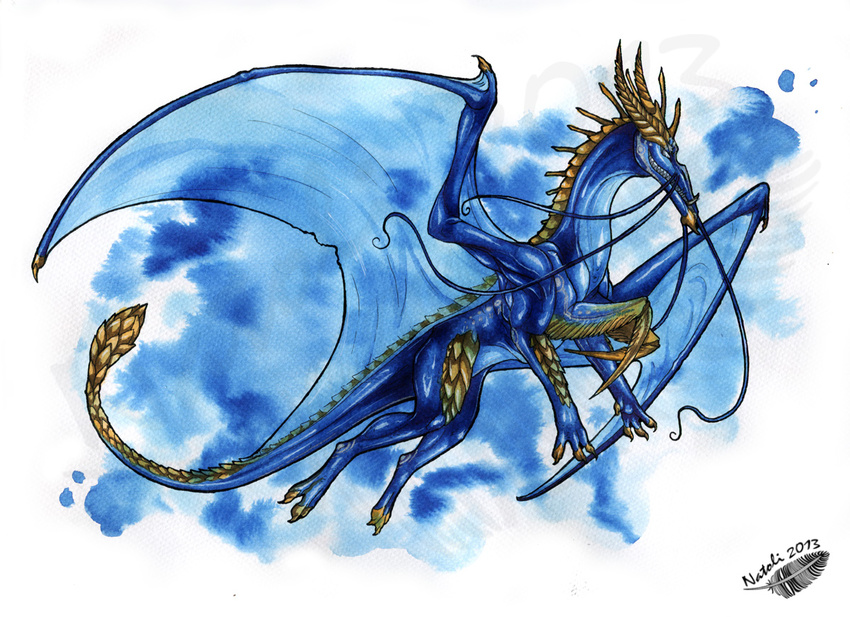 2013 claws dragon feral horn membranous_wings natoli solo spines traditional_media_(artwork) wings