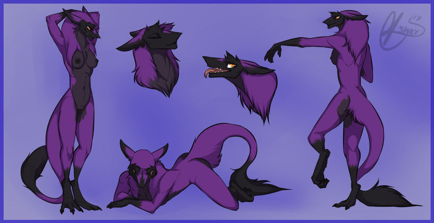 4_fingers 4_toes angel_(character) anthro bored breasts butt claws eyes_closed female forked_tongue fur half-closed_eyes head_scratch head_shot mane model_sheet nipples open_mouth orange_eyes paws pink_tongue pose purple_background purple_fur seductive sergal sheycra_(artist) simple_background smile teeth toes tongue