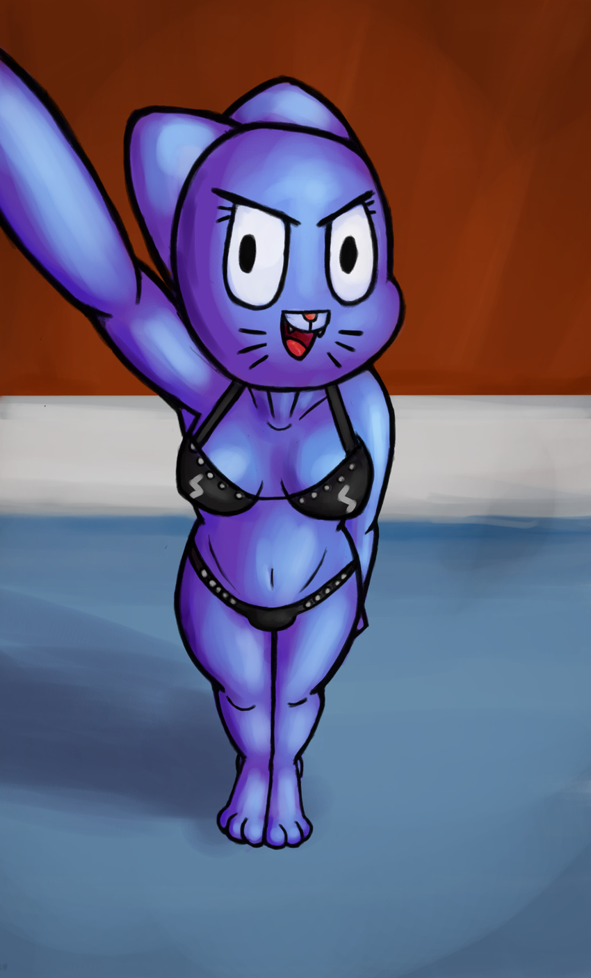 2017 anthro barefoot blue_fur bra breasts cartoon_network cat cleavage clothed clothing digital_media_(artwork) feline female fur lingerie looking_at_viewer mammal navel nicole_watterson open_mouth panties raised_arm selfie simple_background solo standing the_amazing_world_of_gumball underwear unknown_artist whiskers