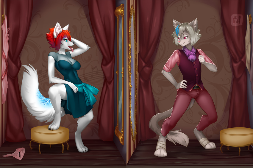 2017 anthro breasts canine clothed clothing dragonfu dress duo female fox fur grey_fur hair hybrid kira_sher male mammal red_hair tongue tongue_out white_fur wolf