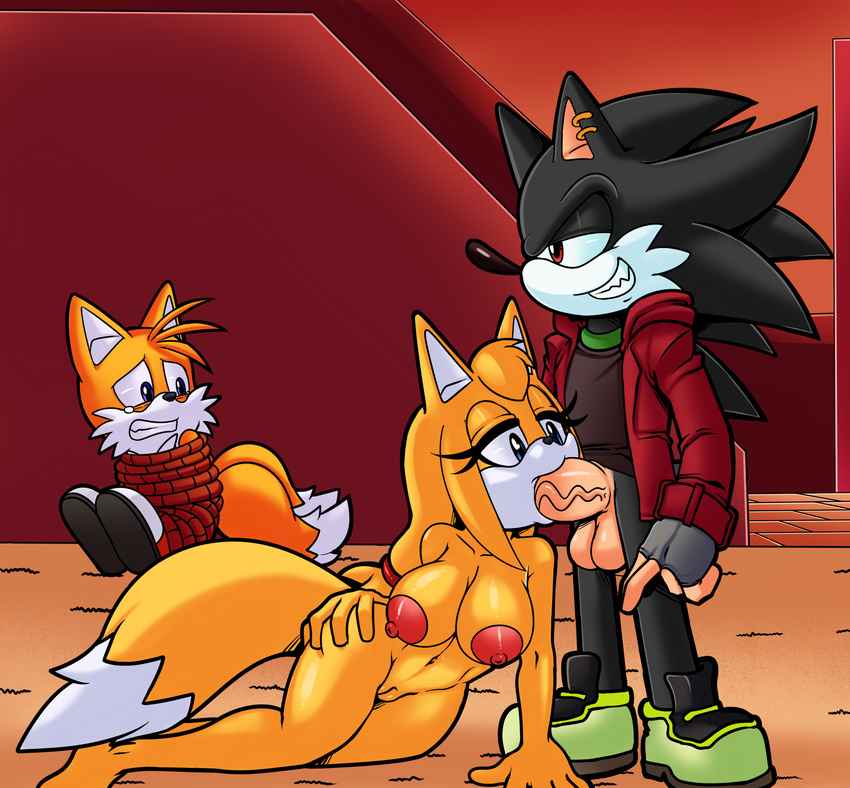 big_breasts big_penis bound breasts canine cock_sucking dreamcastzx1 escopeto fan_character female fox hedgehog male mammal miles_prower penis sonic_(series) sonic_boom zooey_the_fox