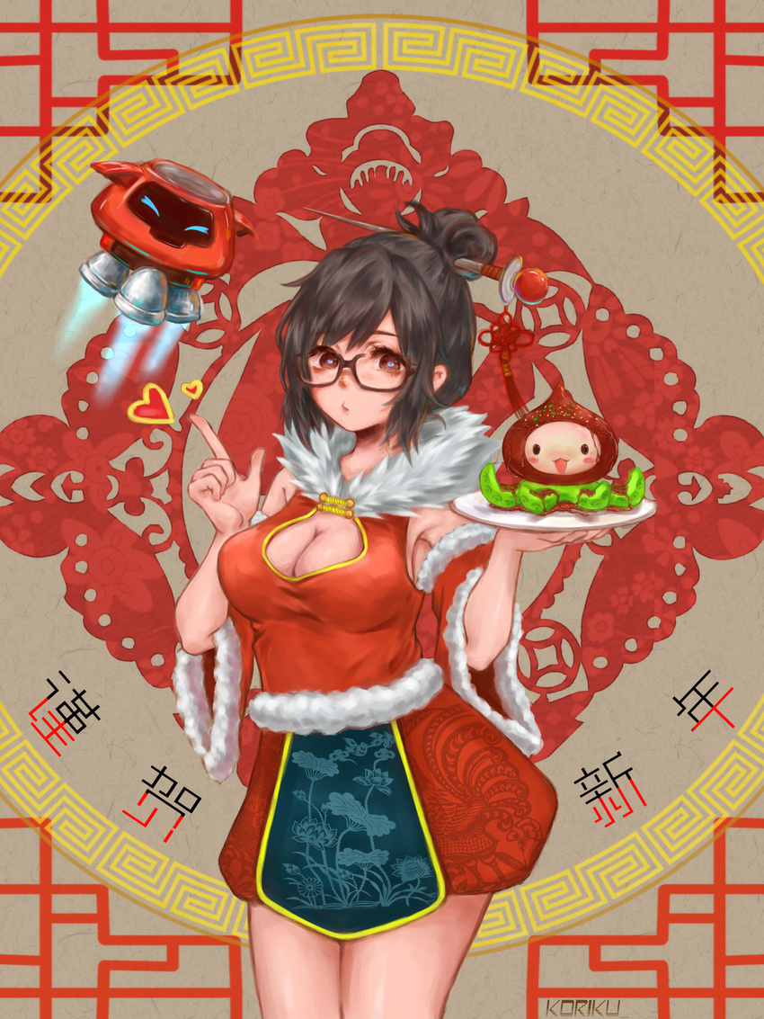 absurdres alternate_costume artist_name bangs beads breasts brown-framed_eyewear brown_eyes brown_hair china_dress chinese_clothes cleavage cleavage_cutout cowboy_shot dress drone floating food fur_trim glasses hair_bun hair_ornament hair_stick hand_up heart highres holding holding_plate index_finger_raised koriku legs_together machinery medium_breasts mei_(overwatch) octopus overwatch pachimari plate red_dress robot short_dress short_hair sidelocks snowball_(overwatch) solo spoken_heart tassel