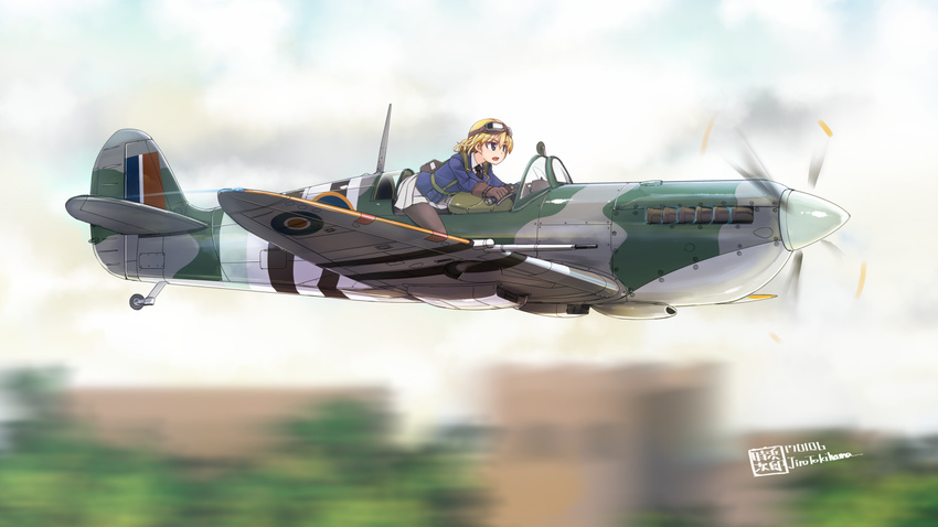 aircraft airplane aviator_girls blonde_hair blue_eyes flying highres jacket original pantyhose pleated_skirt propeller skirt solo spitfire_(airplane) tokihama_jirou world_war_ii