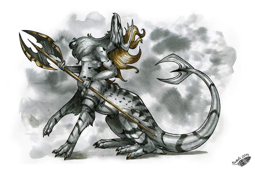 2013 ambiguous_gender axe battle_axe blonde_hair claws feral hair holding_object holding_weapon melee_weapon natoli nude solo taur traditional_media_(artwork) weapon