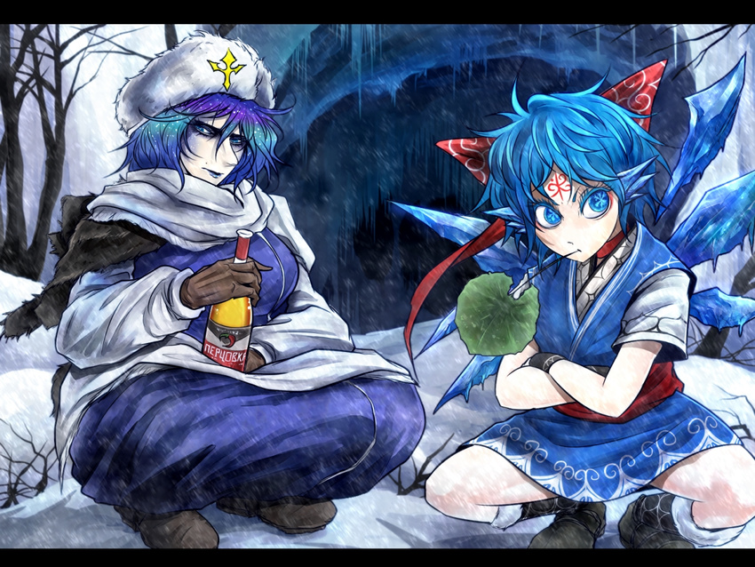 alcohol blue_eyes blue_hair boots bottle bow cave check_commentary cirno commentary_request dress forehead_tattoo gloves hair_bow hat ice ice_wings letty_whiterock lily_pad multicolored_hair multiple_girls partially_translated purple_hair russian ryuuichi_(f_dragon) scarf short_hair short_sleeves skirt slav_squatting snow snowflakes sparkle squatting symbol-shaped_pupils tattoo touhou translation_request tree vodka wings winter