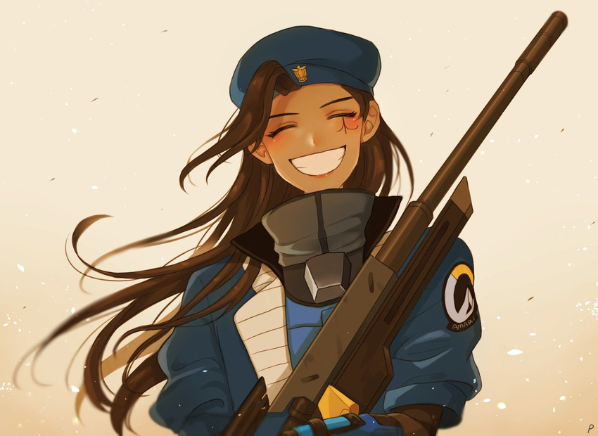 :d alternate_costume ana_(overwatch) armor beret blue_jacket bodysuit brown_hair captain_amari character_name closed_eyes clothes_writing dark_skin emblem facial_mark facial_tattoo grin gun hat holding holding_weapon jacket logo long_hair looking_at_viewer military military_uniform open_mouth overwatch perio_67 power_armor power_suit rifle smile sniper_rifle solo tattoo turtleneck uniform upper_body weapon younger