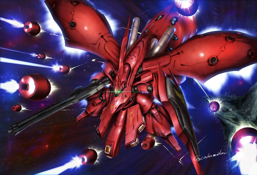 asteroid axis_(gundam) beam beam_rifle char's_counterattack char's_counterattack_-_beltorchika's_children charging energy_gun firing flying funnels green_eyes gundam highres mecha nightingale no_humans shield signature space twitter_username weapon zero_gravity