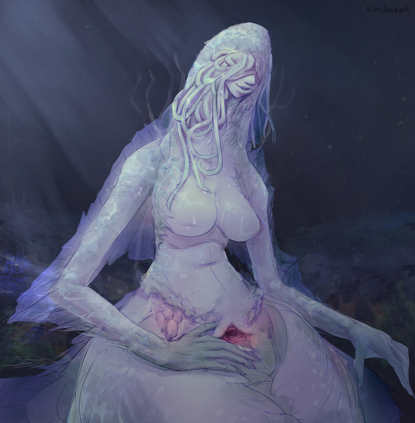 2016 5_fingers animal_genitalia animal_humanoid bloodborne breasts cloaca digital_media_(artwork) featureless_breasts female fin hair_over_eyes humanoid kin_(species) marine monster_girl_(genre) mother_kos signature solo spread_cloaca tinyfaceart webbed_hands white_skin