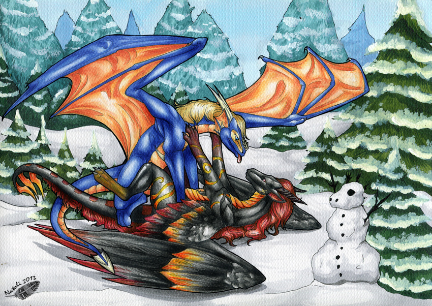 2013 ambiguous_gender blonde_hair blue_eyes day detailed_background dragon duo feathered_wings feathers feral hair lying membranous_wings natoli nude on_back outside red_hair smile snow tongue traditional_media_(artwork) wings
