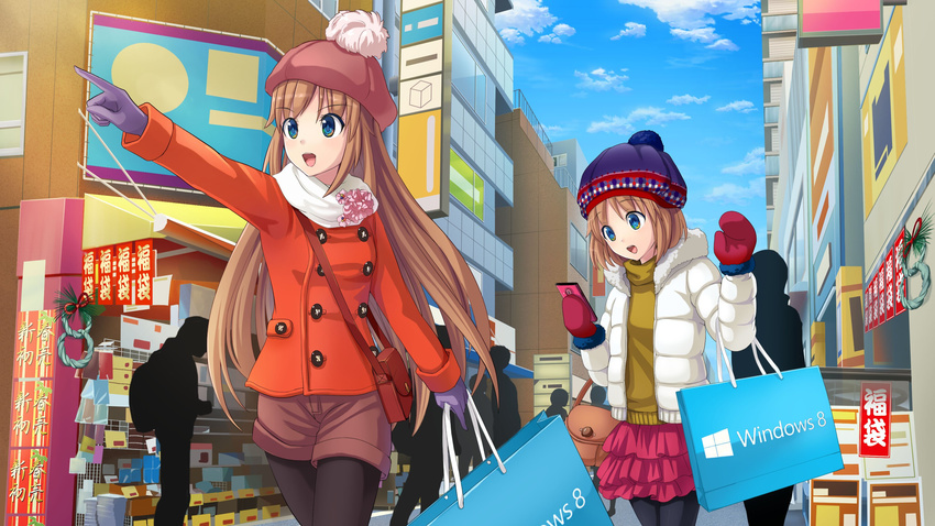 absurdres bag beanie blue_eyes brown_hair hat highres long_hair madobe_ai madobe_yuu multiple_girls open_mouth os-tan pantyhose shopping_bag short_hair short_twintails side_ponytail twintails windows windows_8