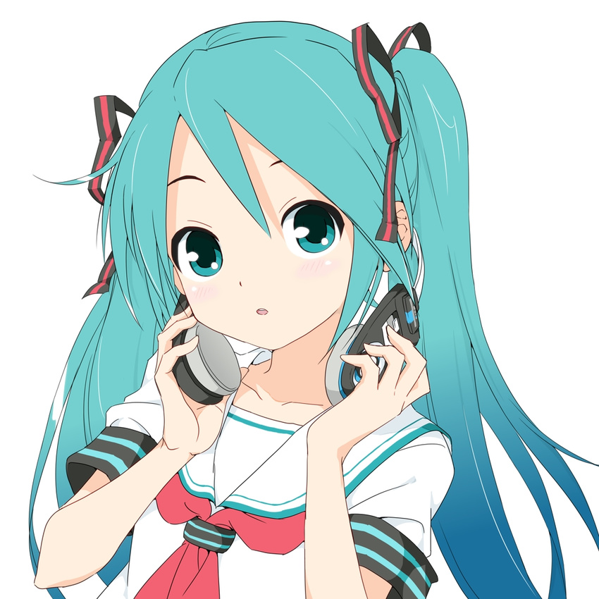 aqua_eyes aqua_hair collarbone gradient_hair hair_ribbon hands_up hatsune_miku headphones headphones_around_neck holding_headphones long_hair looking_at_viewer multicolored_hair neckerchief parted_lips ribbon school_uniform serafuku short_sleeves simple_background solo soukun_s twintails upper_body vocaloid white_background