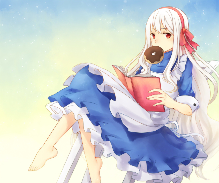 apron barefoot book crossed_legs doughnut feet food highres kagerou_project kozakura_marry long_hair looking_at_viewer mouth_hold reading red_eyes reking solo very_long_hair white_hair