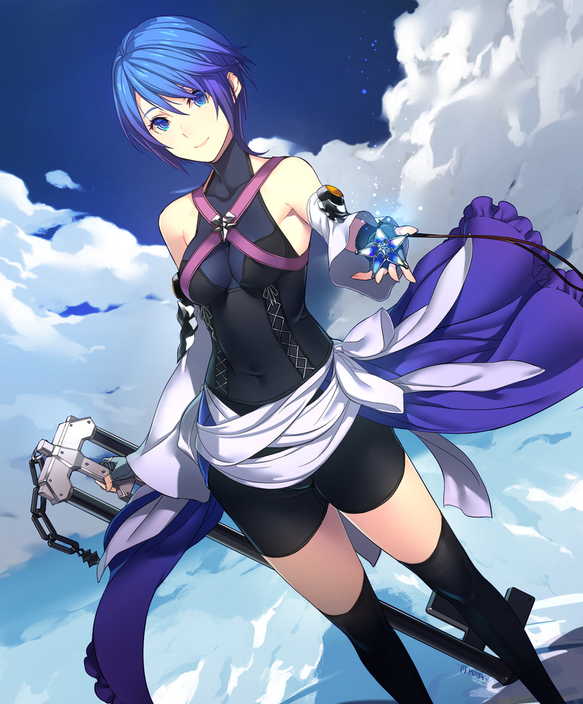 aqua_(kingdom_hearts) bare_shoulders bike_shorts black_legwear blue_eyes blue_hair cloud covered_navel cross-laced_clothes day detached_sleeves fingerless_gloves gloves highres kagetomo_midori keyblade kingdom_hearts kingdom_hearts_birth_by_sleep looking_at_viewer night night_sky skin_tight sky solo thighhighs