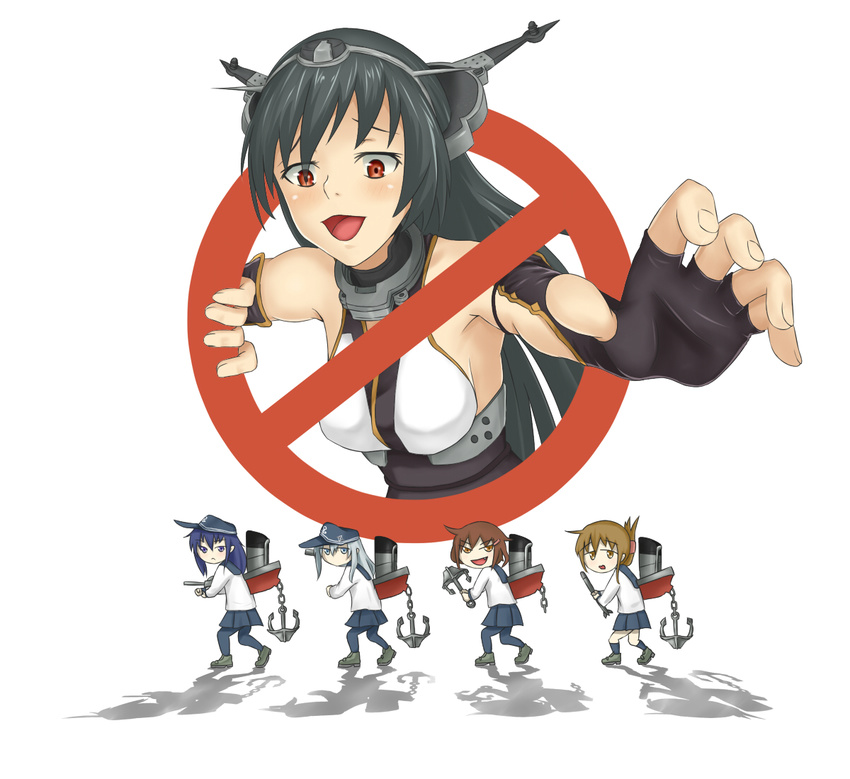 akatsuki_(kantai_collection) anchor bad_id bad_pixiv_id black_hair blue_eyes brown_hair commentary folded_ponytail ghostbusters gloves hair_ornament hat headgear hibiki_(kantai_collection) ikazuchi_(kantai_collection) inazuma_(kantai_collection) kantai_collection long_hair multiple_girls nagato_(kantai_collection) neckerchief no_symbol open_mouth parody red_eyes school_uniform serafuku short_hair silver_hair skirt smile tamanu thighhighs torpedo