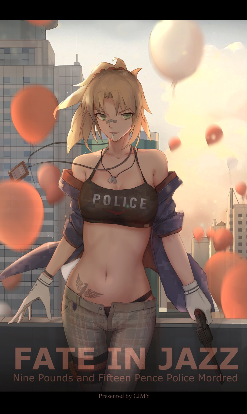 1girl absurdres ahoge alternate_costume artist_name balloon bandaid black_panties blonde_hair building_block caption cigarette cjmy cloud cloudy_sky commentary_request crop_top day dog_tags fate/apocrypha fate/grand_order fate/stay_night fate_(series) gloves green_eyes gun halter_top halterneck handgun highres holding holding_gun holding_weapon id_card jacket jacket_over_shoulder midriff mordred_(fate)_(all) navel off_shoulder open_fly panties pants sky tattoo unbuttoned_pants underwear urban weapon white_gloves