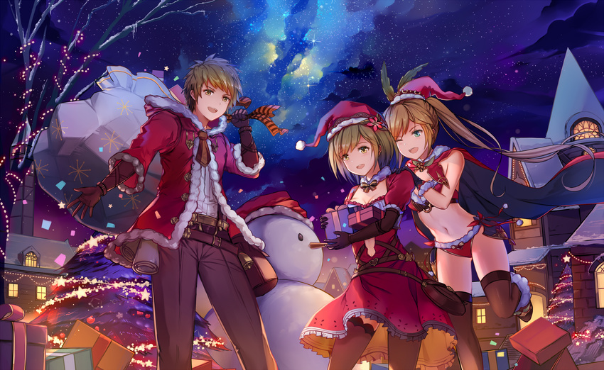 2girls :d ;d alternate_costume belt belt_pouch bikini black_gloves box brown_hair brown_legwear brown_pants cape christmas christmas_tree clarisse_(granblue_fantasy) cowboy_shot djeeta_(granblue_fantasy) dress elbow_gloves fur_trim gift gift_box gloves gran_(granblue_fantasy) granblue_fantasy hat highres house jacket long_hair looking_at_another looking_at_viewer multiple_girls natsumoka navel night night_sky one_eye_closed open_mouth outdoors pants ponytail pouch red_bikini red_dress red_jacket sack santa_costume santa_hat short_hair sky smile snowman star_(sky) starry_sky stomach swimsuit thighhighs