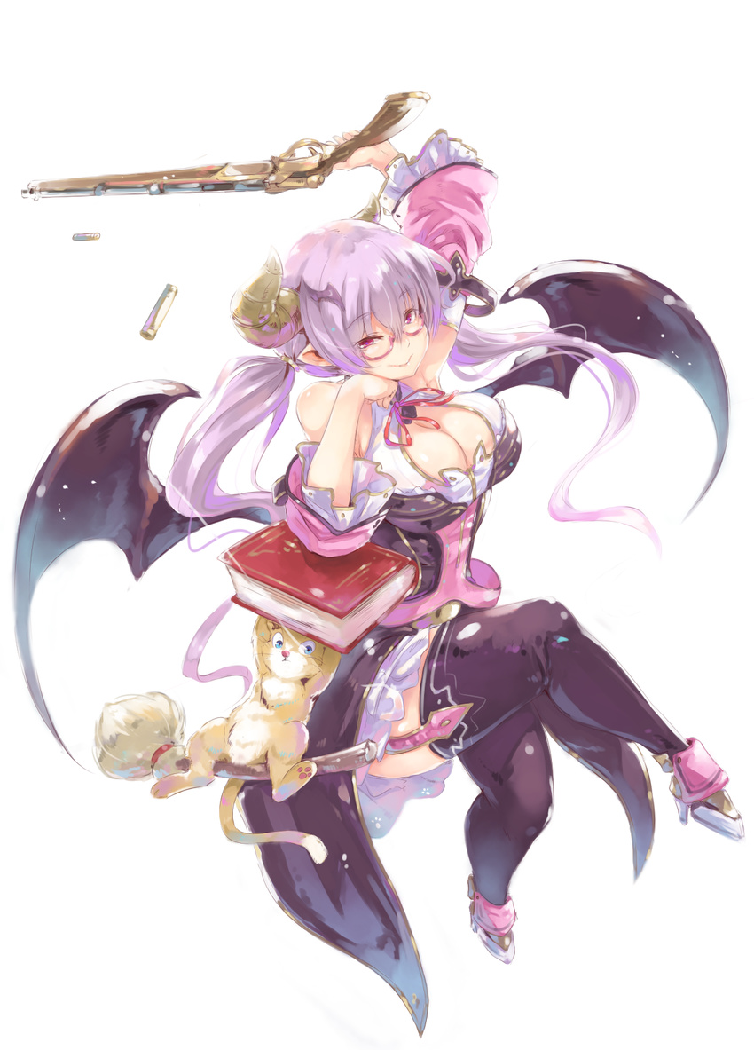 ammunition animal animal_ears armpits book breasts broom broom_riding bullet cat cat_ears cat_tail demon_girl denizen_tomo glasses gun highres horns large_breasts original purple_eyes purple_hair ribbon robe smile succubus tail thighhighs twintails weapon wings