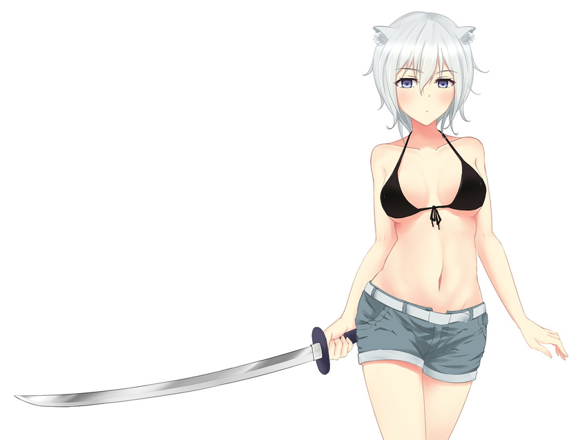 animal_ears belt black_bikini_top blue_eyes breasts cat_ears front-tie_bikini front-tie_top groin highres holding holding_sword holding_weapon katana medium_breasts navel original short_hair shorts silver_hair simple_background solo sword underboob weapon white_background wish_white