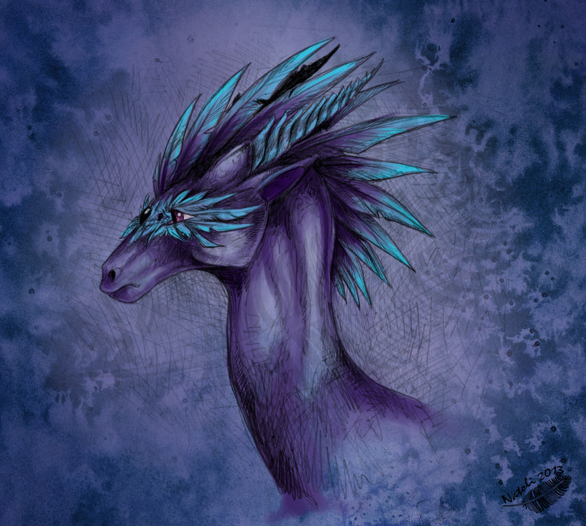 2013 blue_feathers digital_media_(artwork) dragon feathers headshot natoli purple_eyes solo