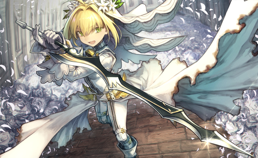 :d aestus_estus ahoge bangs blonde_hair bridal_veil commentary_request dress eyebrows_visible_through_hair fate/extra fate/extra_ccc fate/grand_order fate_(series) flower gloves green_eyes hair_between_eyes hair_flower hair_intakes hair_ornament highres holding holding_sword holding_weapon long_sleeves looking_at_viewer mephist-pheles nero_claudius_(bride)_(fate) nero_claudius_(fate)_(all) open_mouth petals sidelocks smile solo standing sword tied_hair v-shaped_eyebrows veil weapon white_dress white_flower white_gloves zipper