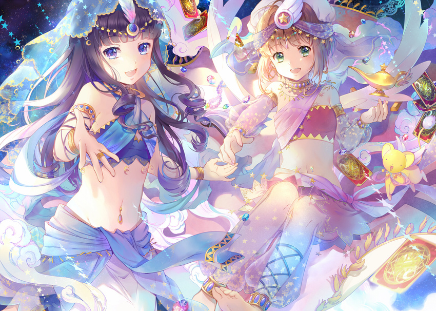 :d anklet arabian_clothes armlet bangs bare_shoulders barefoot black_hair blue_eyes blunt_bangs blush bracelet breasts brown_hair card cardcaptor_sakura clow_card daidouji_tomoyo dancer ekita_xuan gem green_eyes hair_ornament harem_outfit harem_pants highres jewelry kero kinomoto_sakura lamp long_hair looking_at_viewer midriff multiple_girls navel navel_piercing necklace open_mouth pants piercing ringlets sarong see-through sidelocks small_breasts smile soles star stomach toes transparent_harem_pants veil